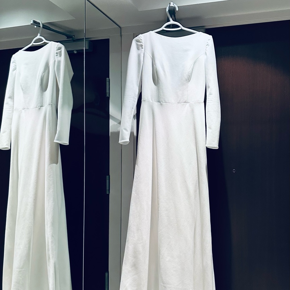 Boatneck, Deep V back, Long Sleeve Wedding Dress